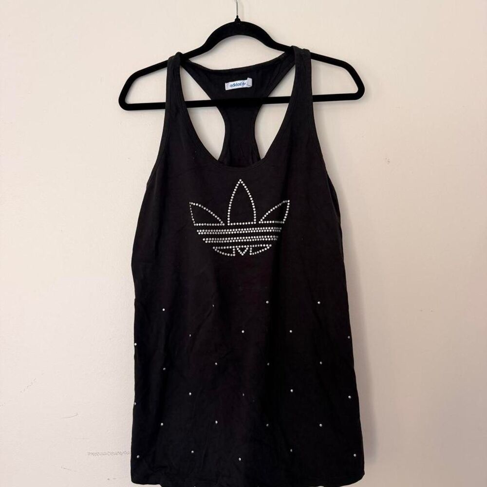 Y2K Adidas Originals black rhinestone trefoil logo racerback tank top, L